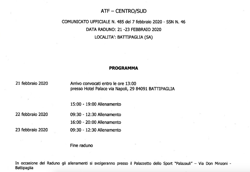 programma convocazione Mattia Antonelli